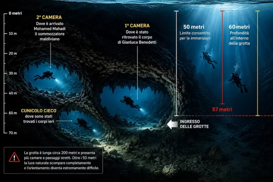 Infografica della grotta: la ricostruzione delle camere sommerse e delle profondità. Verificare i diritti e rimuovere i nomi delle vittime prima della pubblicazione (§9).